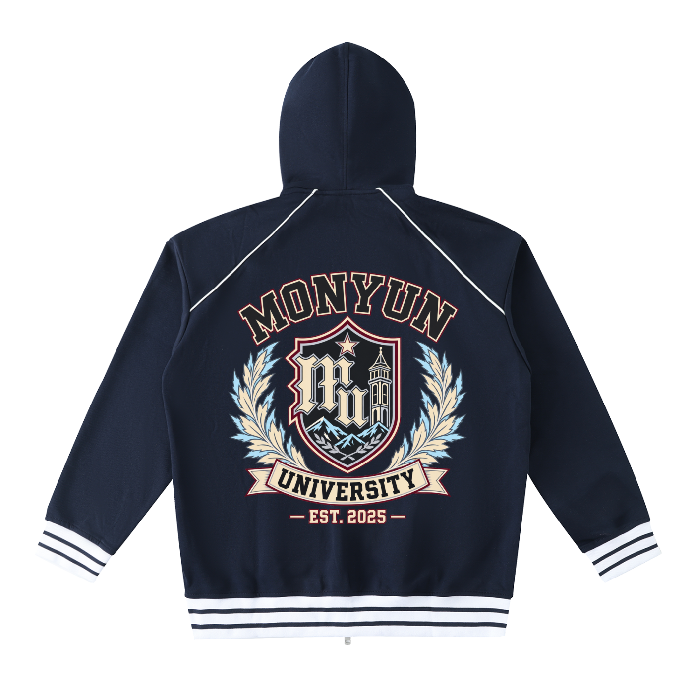 MONYUN university Striped Trim Zip-Up Hoodie
