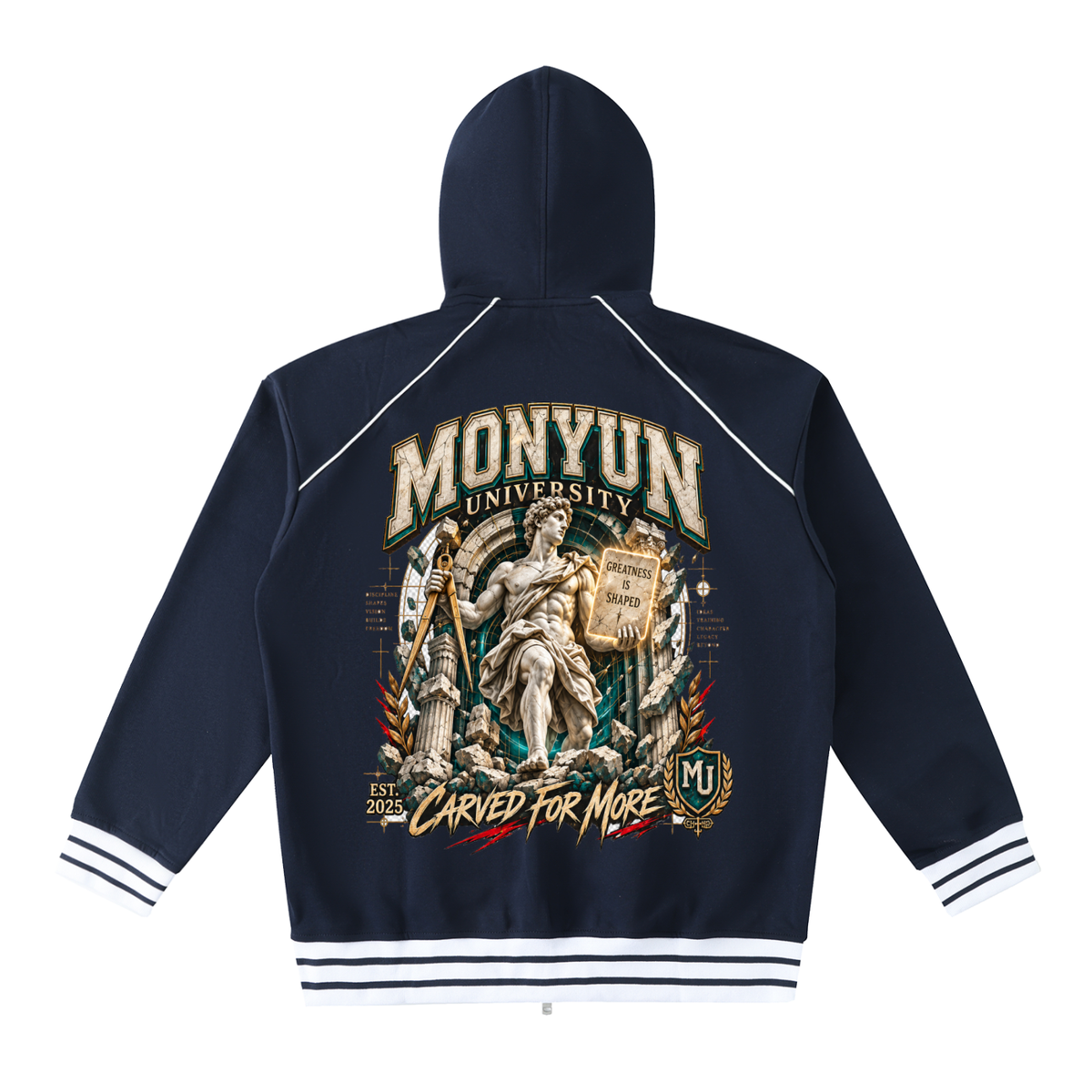 MONYUN University “Carved For More” Striped Trim Zip-Up Hoodie