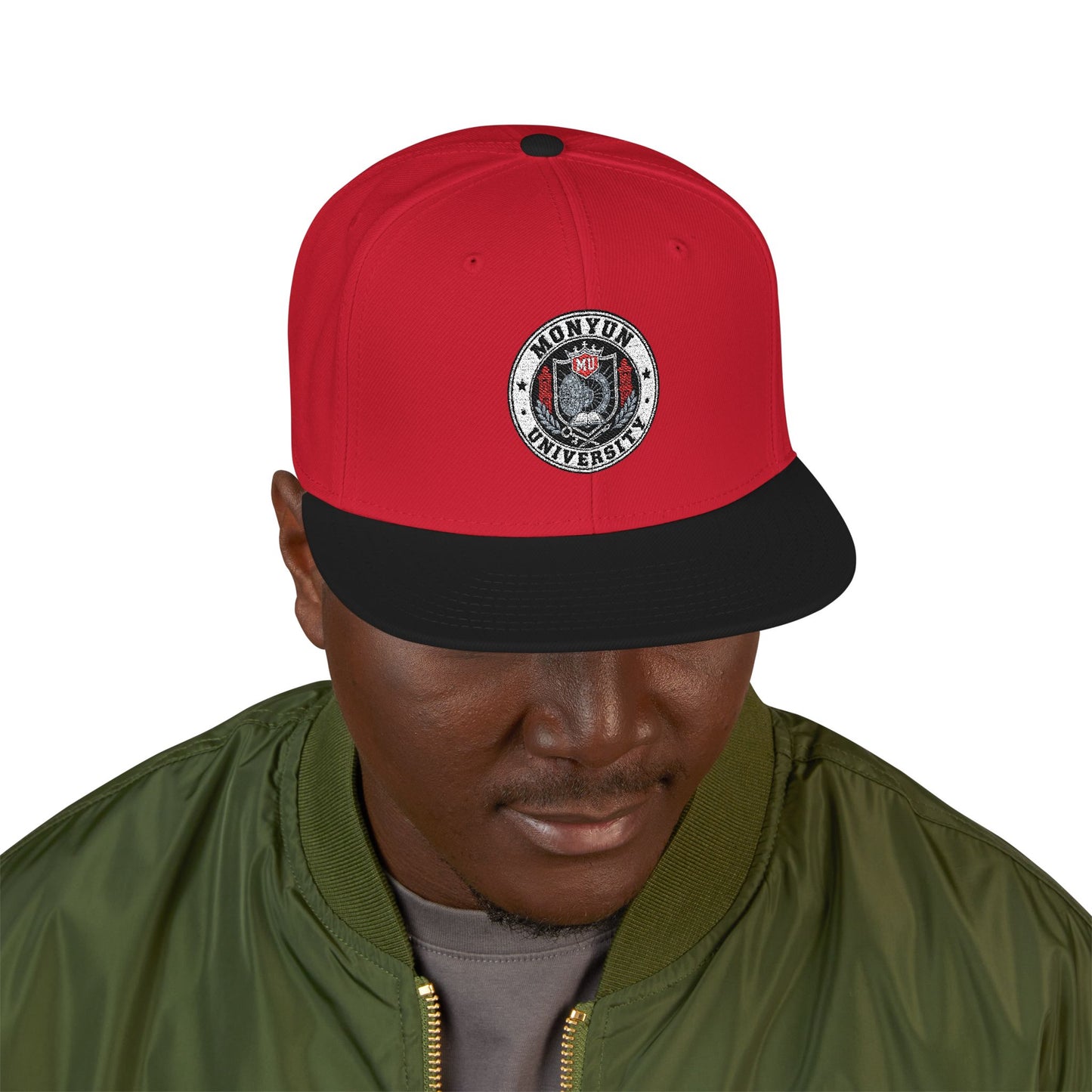 MONYUN university Embroidered Logo Snapback Hat — Black & Cyan Flat-Brim Cap
