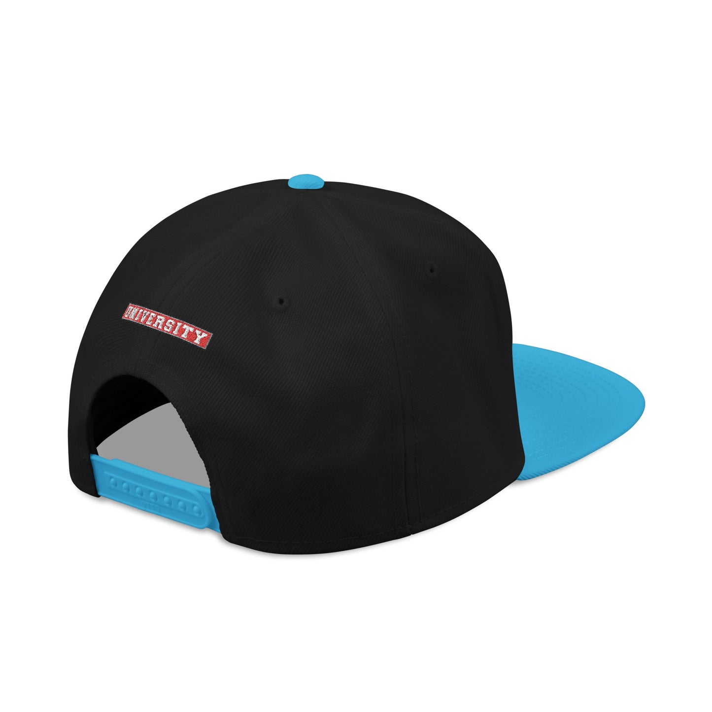 MONYUN university Embroidered Logo Snapback Hat — Black & Cyan Flat-Brim Cap