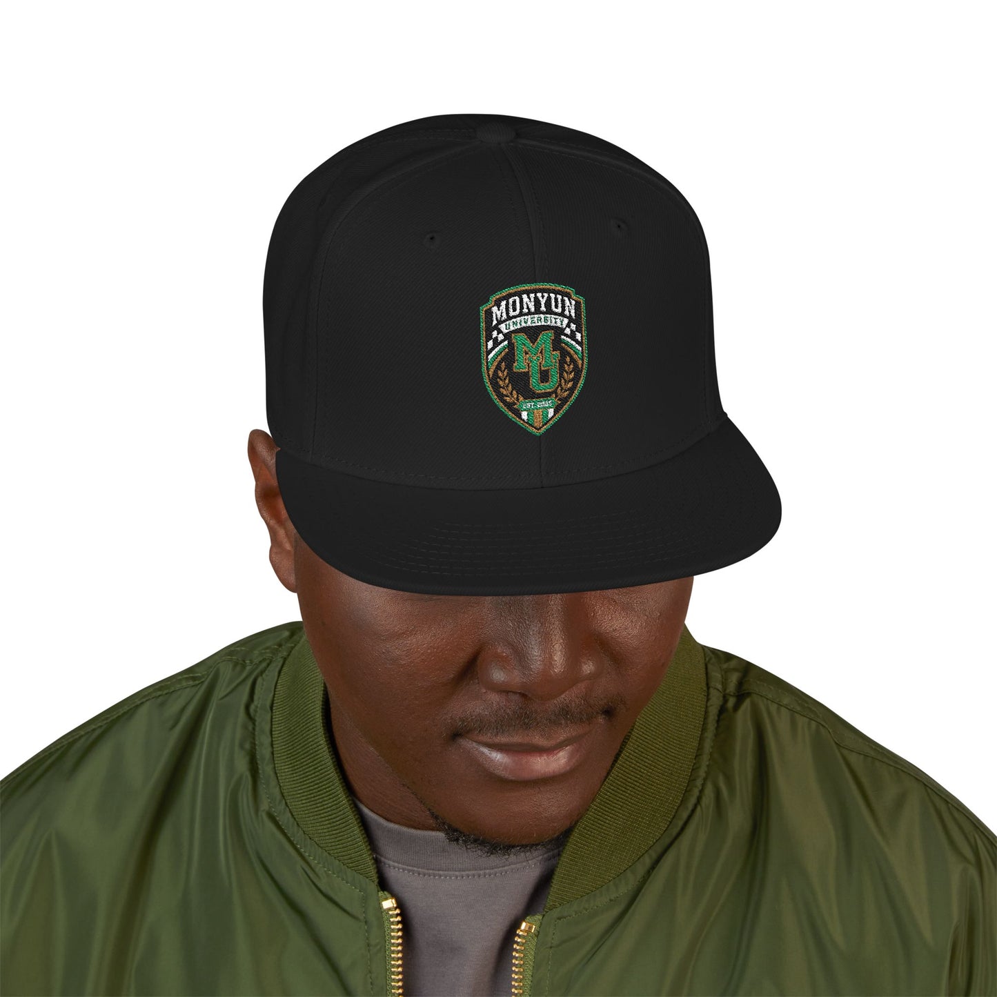 MONYUN university Embroidered Snapback Hat with Mossy Forest Crest