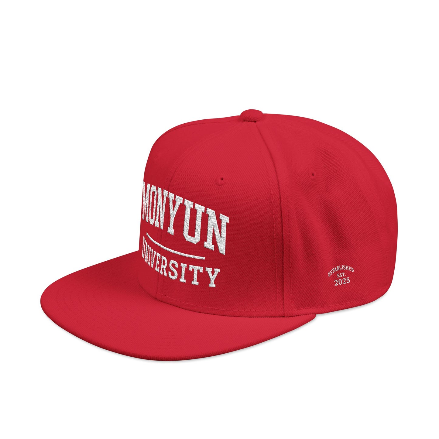 MONYUN university Embroidered Snapback Cap — Vintage University Lettering with Flame Back Logo