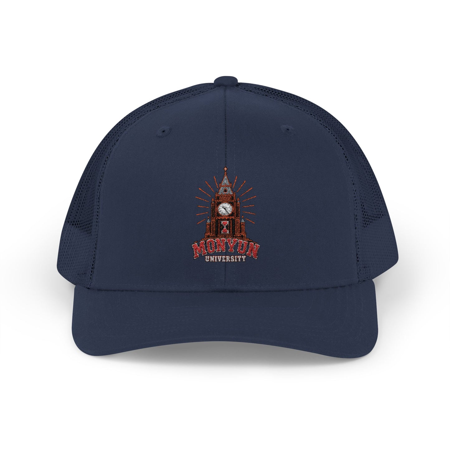 MONYUN university Trucker Cap — Vintage Clock Tower 'Midnight' Embroidered Snapback