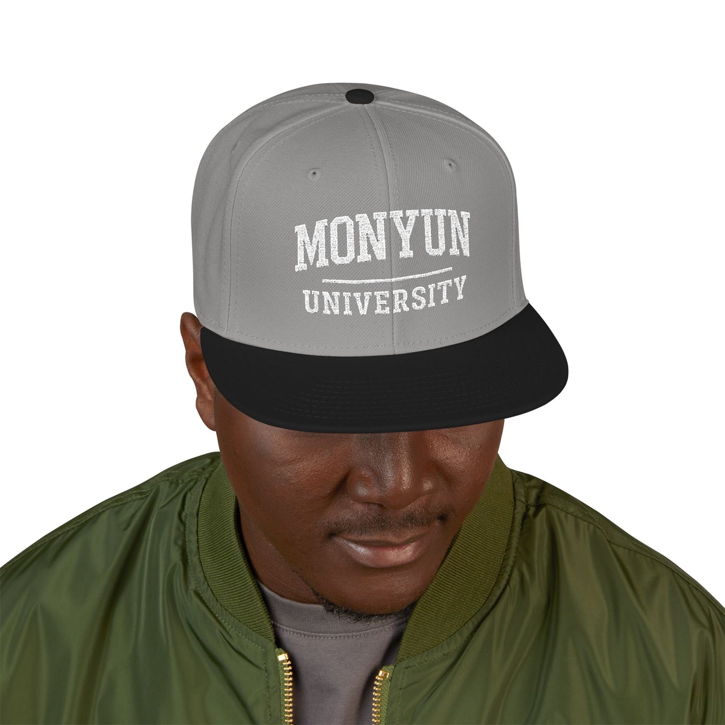 MONYUN university Embroidered Snapback Cap — Vintage University Lettering with Flame Back Logo