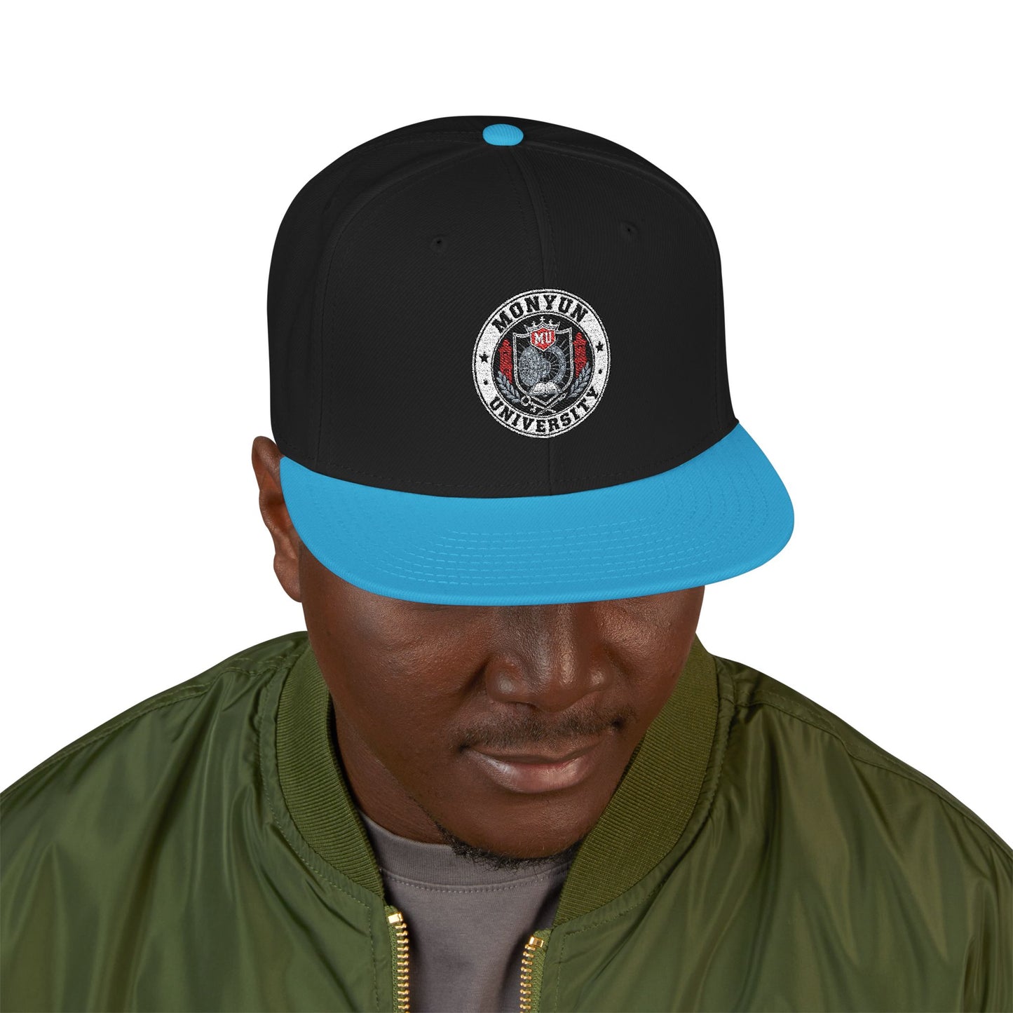 MONYUN university Embroidered Logo Snapback Hat — Black & Cyan Flat-Brim Cap