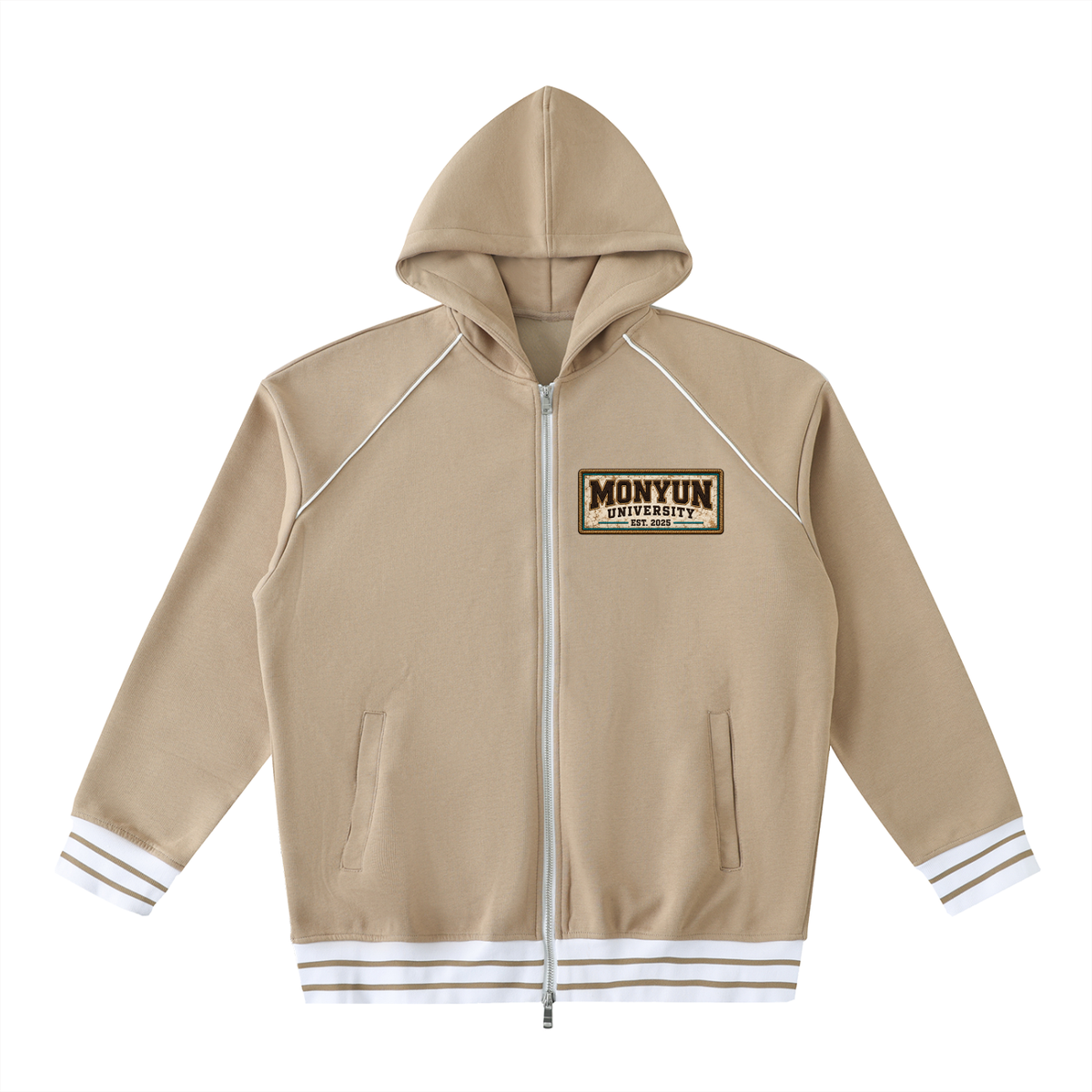 MONYUN University “Carved For More” Striped Trim Zip-Up Hoodie