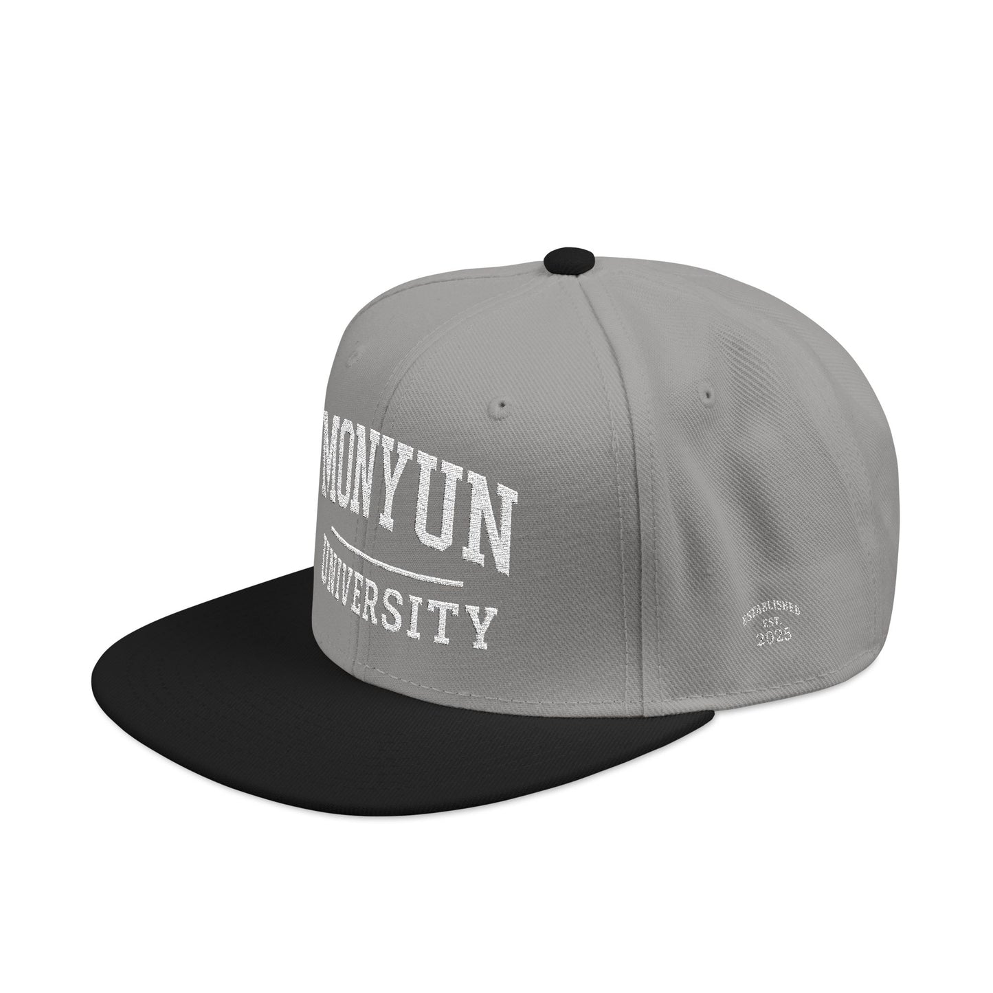 MONYUN university Embroidered Snapback Cap — Vintage University Lettering with Flame Back Logo