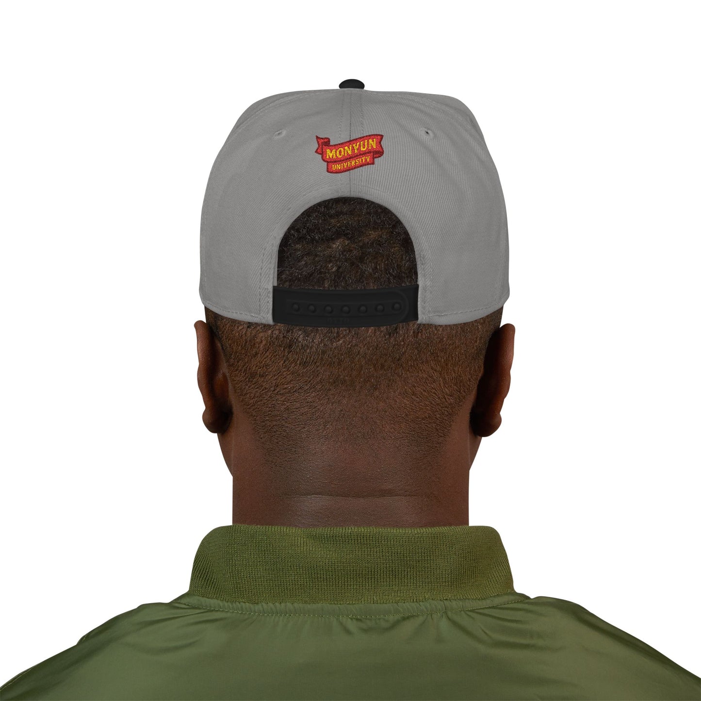 MONYUN university Embroidered Snapback Cap — Vintage University Lettering with Flame Back Logo