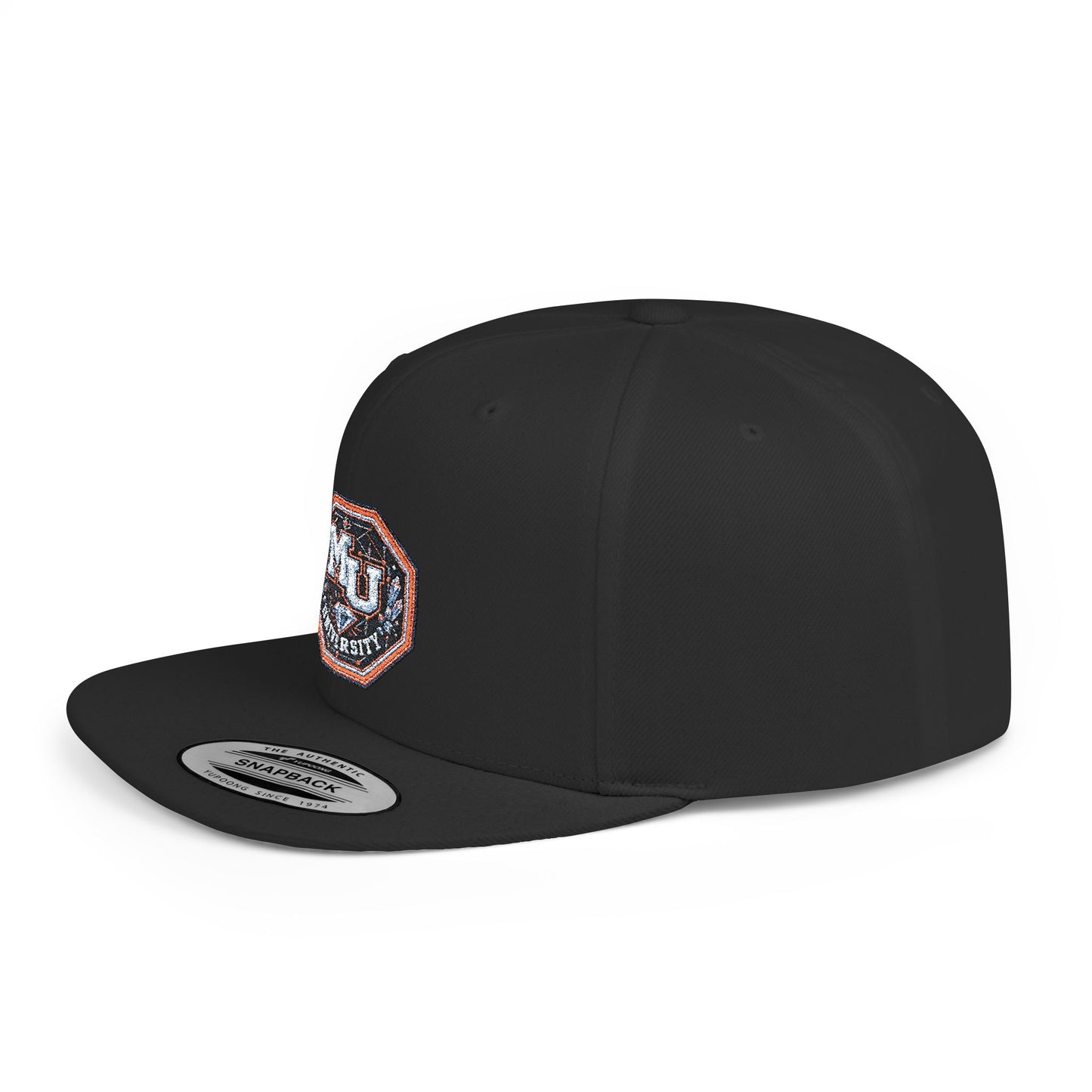 Flat Bill Snapback Hat — MU University Sequin Patch Cap