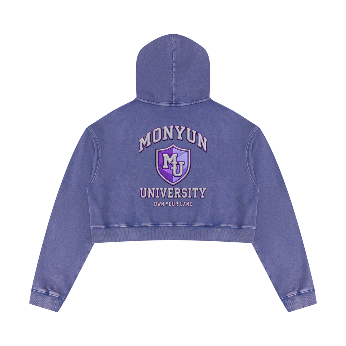 MONYUN University Women’s “Her Own Lane” Mineral Washed Crop Hoodie