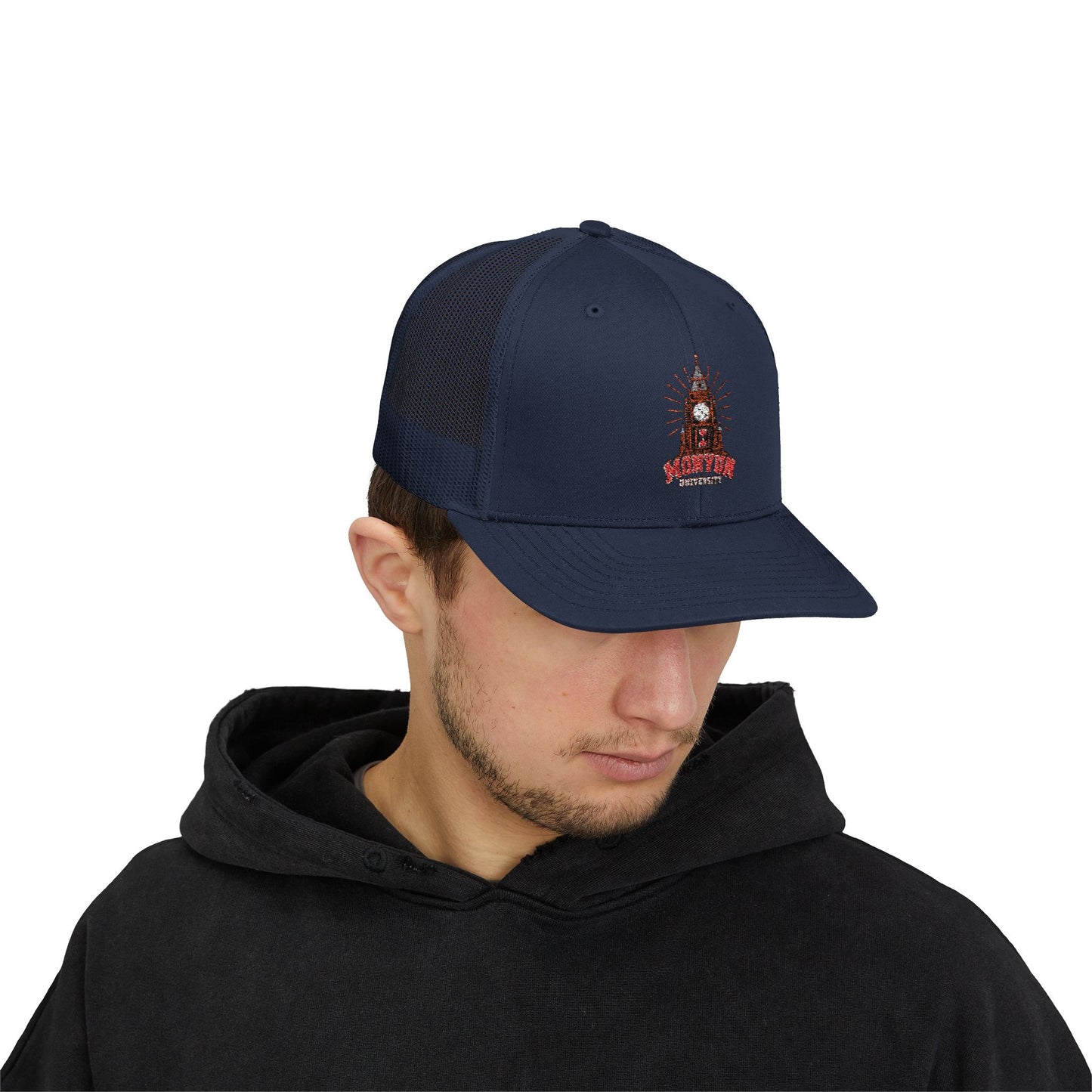 MONYUN university Trucker Cap — Vintage Clock Tower 'Midnight' Embroidered Snapback