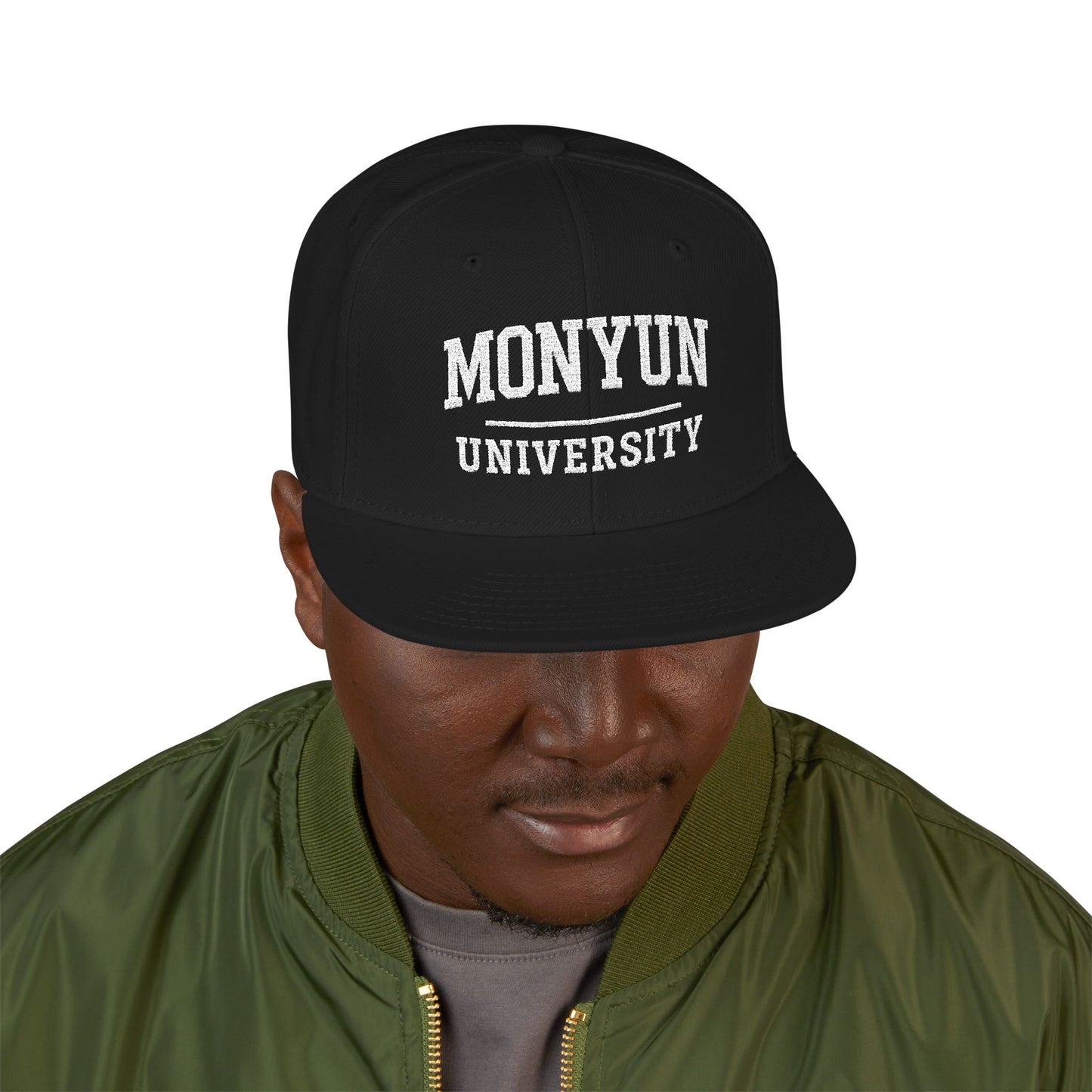 MONYUN university Embroidered Snapback Cap — Vintage University Lettering with Flame Back Logo