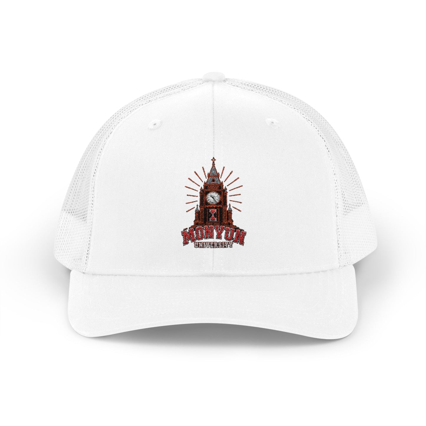 MONYUN university Trucker Cap — Vintage Clock Tower 'Midnight' Embroidered Snapback