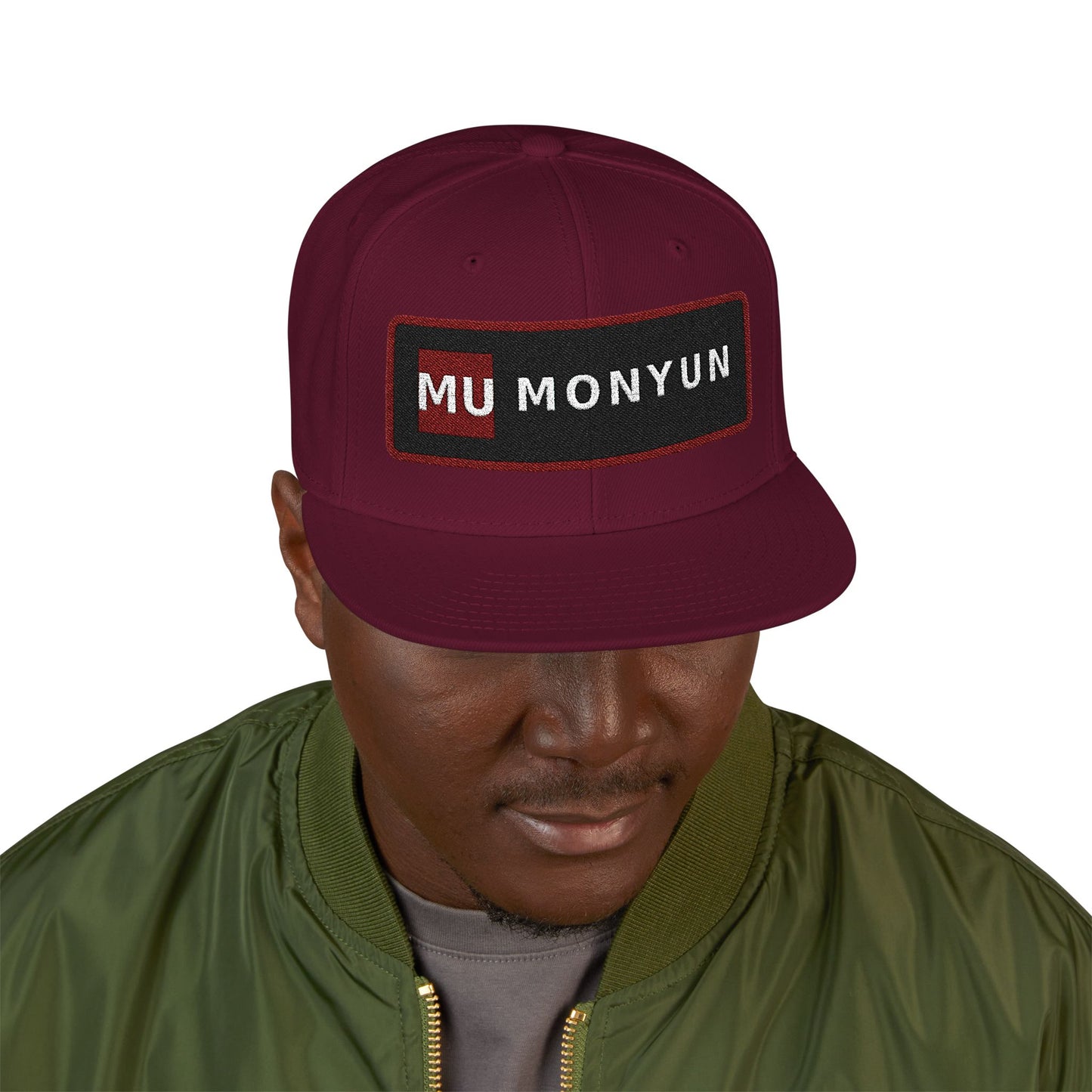 MONYUN university Embroidered Snapback Hat — Red Border 'NYUN' Patch