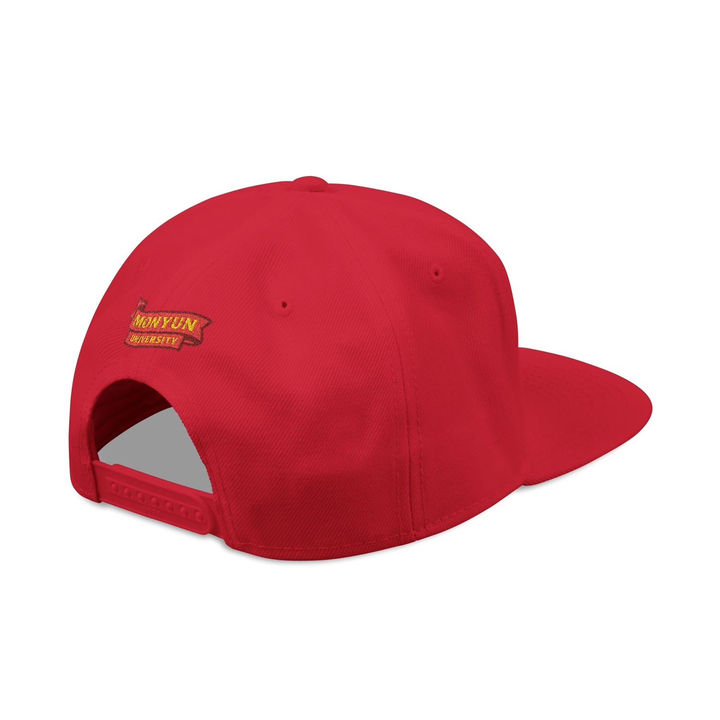 MONYUN university Embroidered Snapback Cap — Vintage University Lettering with Flame Back Logo