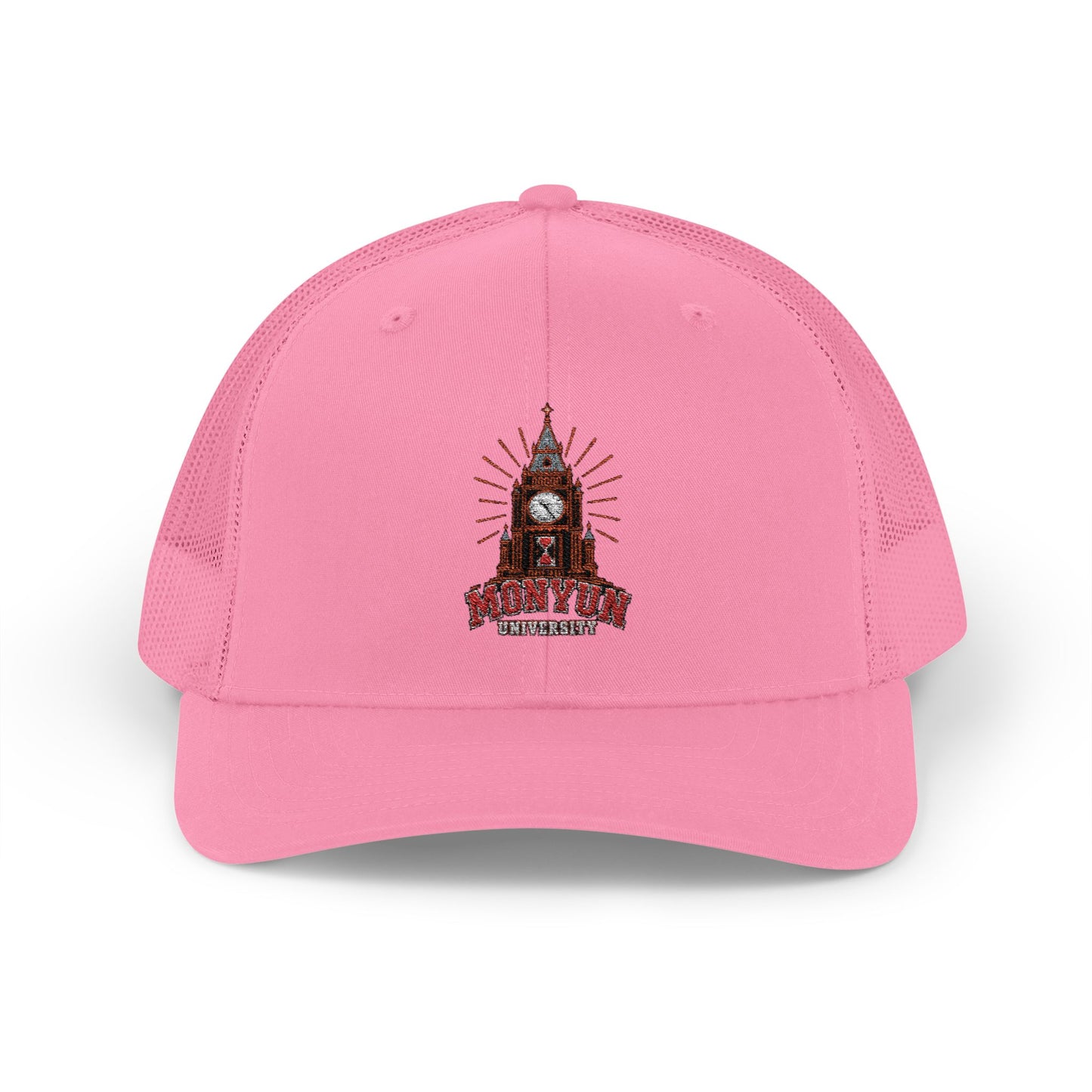 MONYUN university Trucker Cap — Vintage Clock Tower 'Midnight' Embroidered Snapback