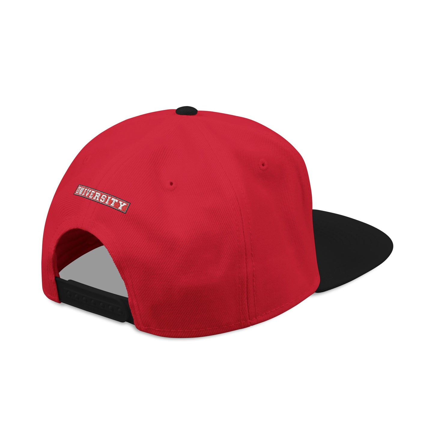MONYUN university Embroidered Logo Snapback Hat — Black & Cyan Flat-Brim Cap