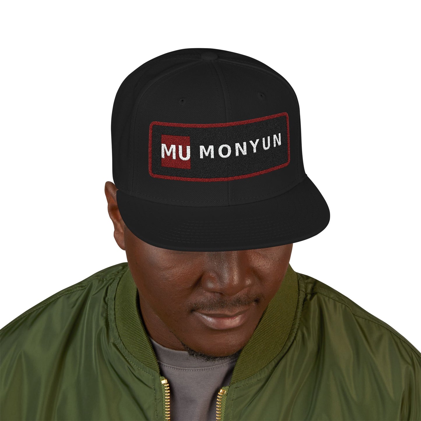 MONYUN university Embroidered Snapback Hat — Red Border 'NYUN' Patch