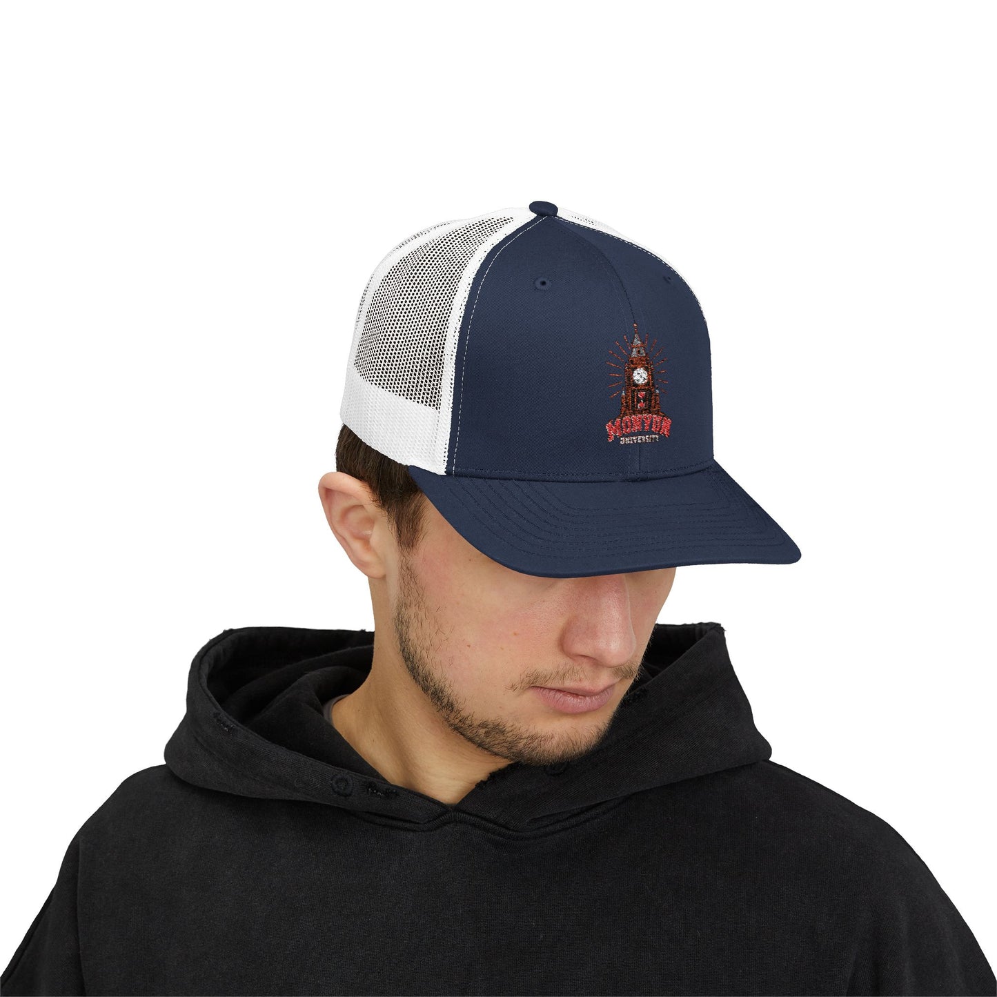 MONYUN university Trucker Cap — Vintage Clock Tower 'Midnight' Embroidered Snapback