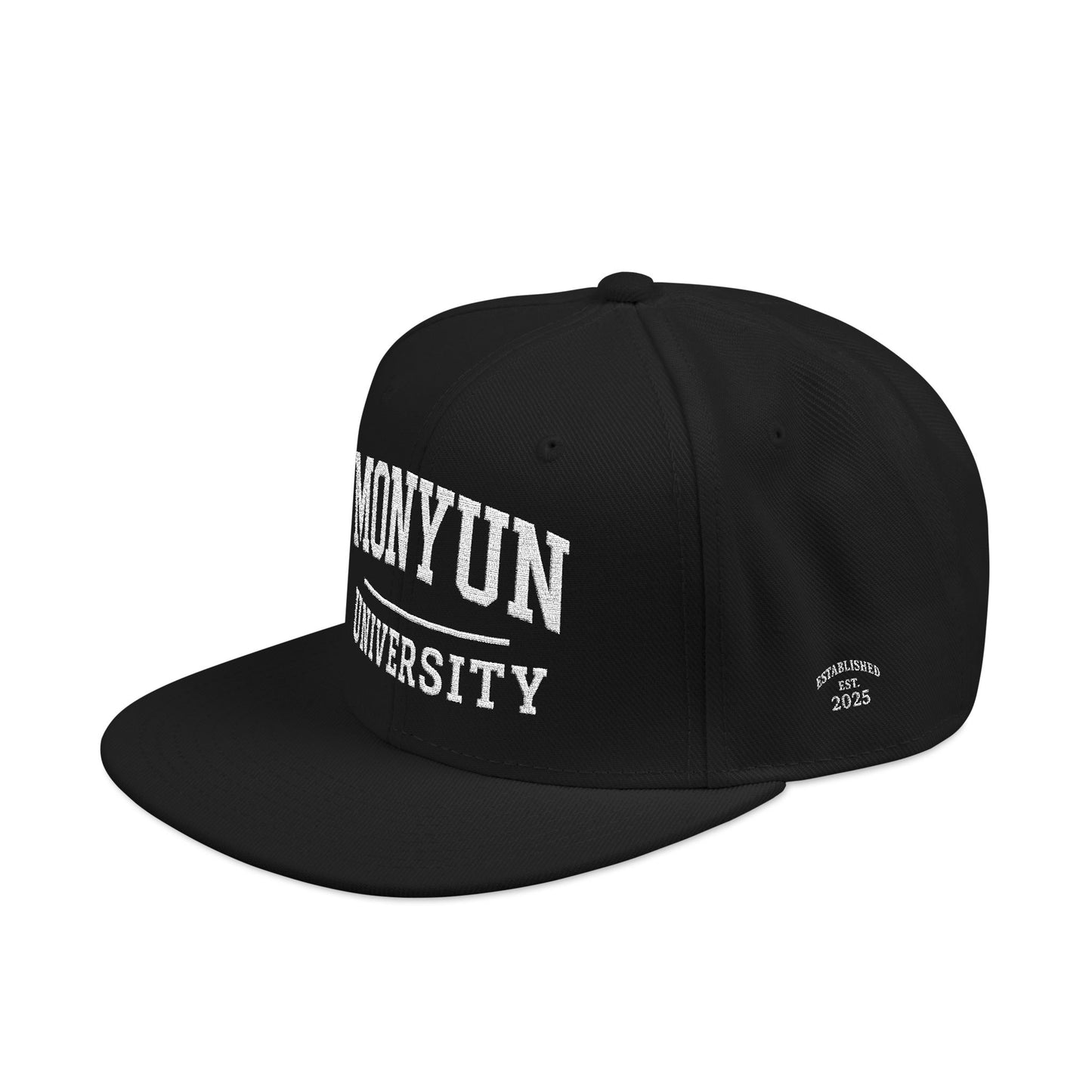 MONYUN university Embroidered Snapback Cap — Vintage University Lettering with Flame Back Logo