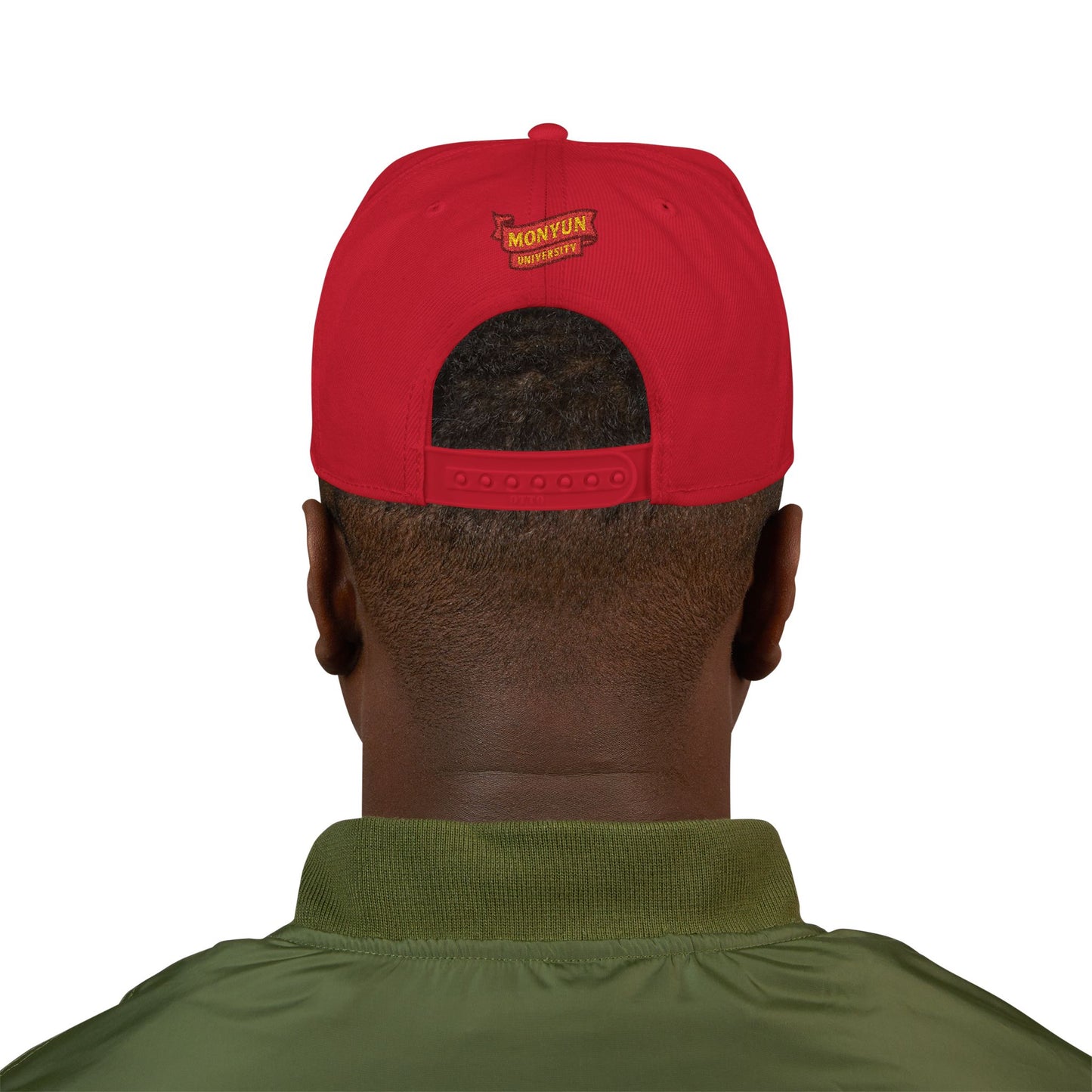 MONYUN university Embroidered Snapback Cap — Vintage University Lettering with Flame Back Logo