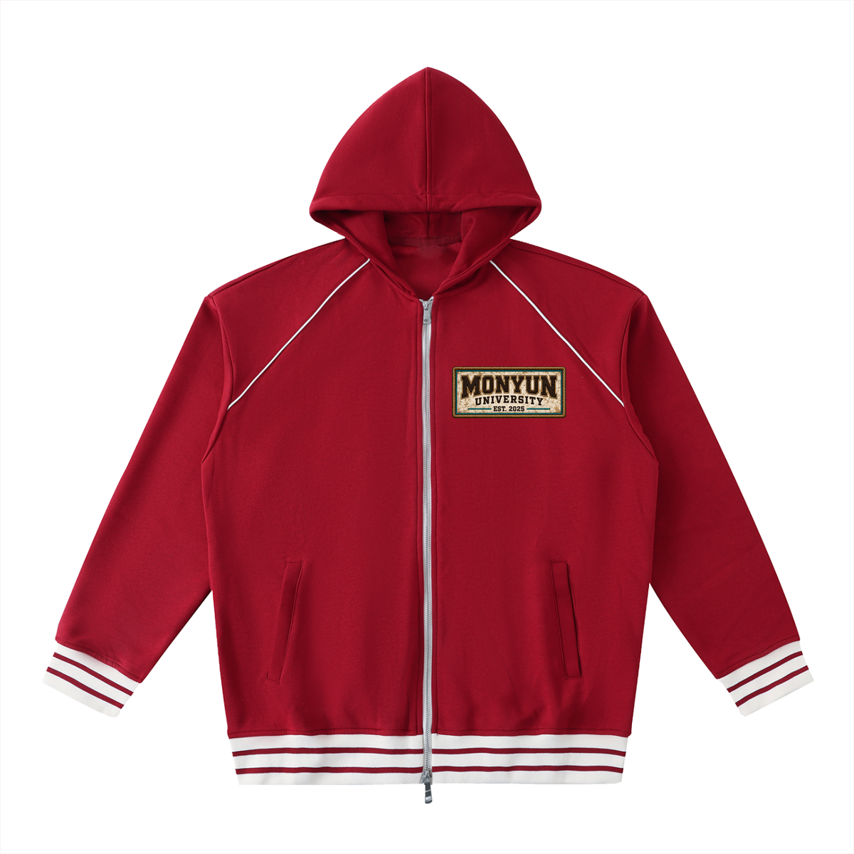 MONYUN University “Carved For More” Striped Trim Zip-Up Hoodie