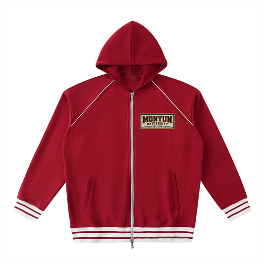 MONYUN University “Carved For More” Striped Trim Zip-Up Hoodie