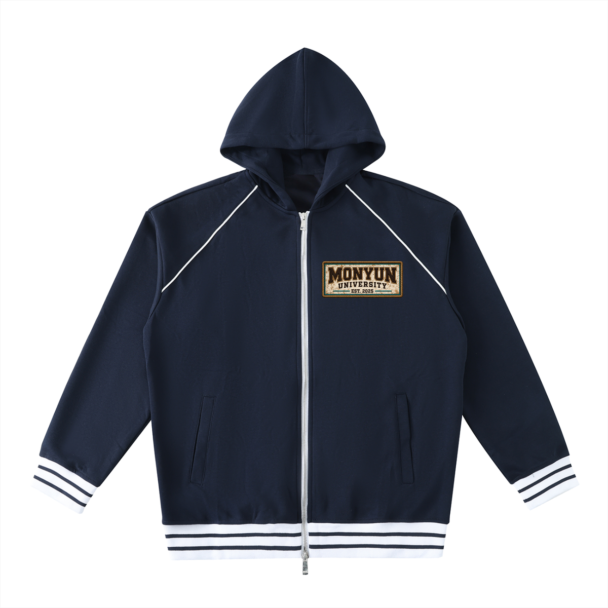 MONYUN University “Carved For More” Striped Trim Zip-Up Hoodie