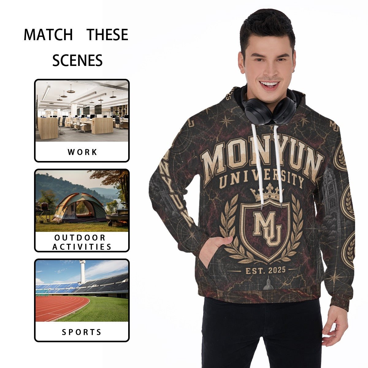 MONYUN University “Legacy Architecture” All-Over Print Men's Thicken Pullover Hoodie