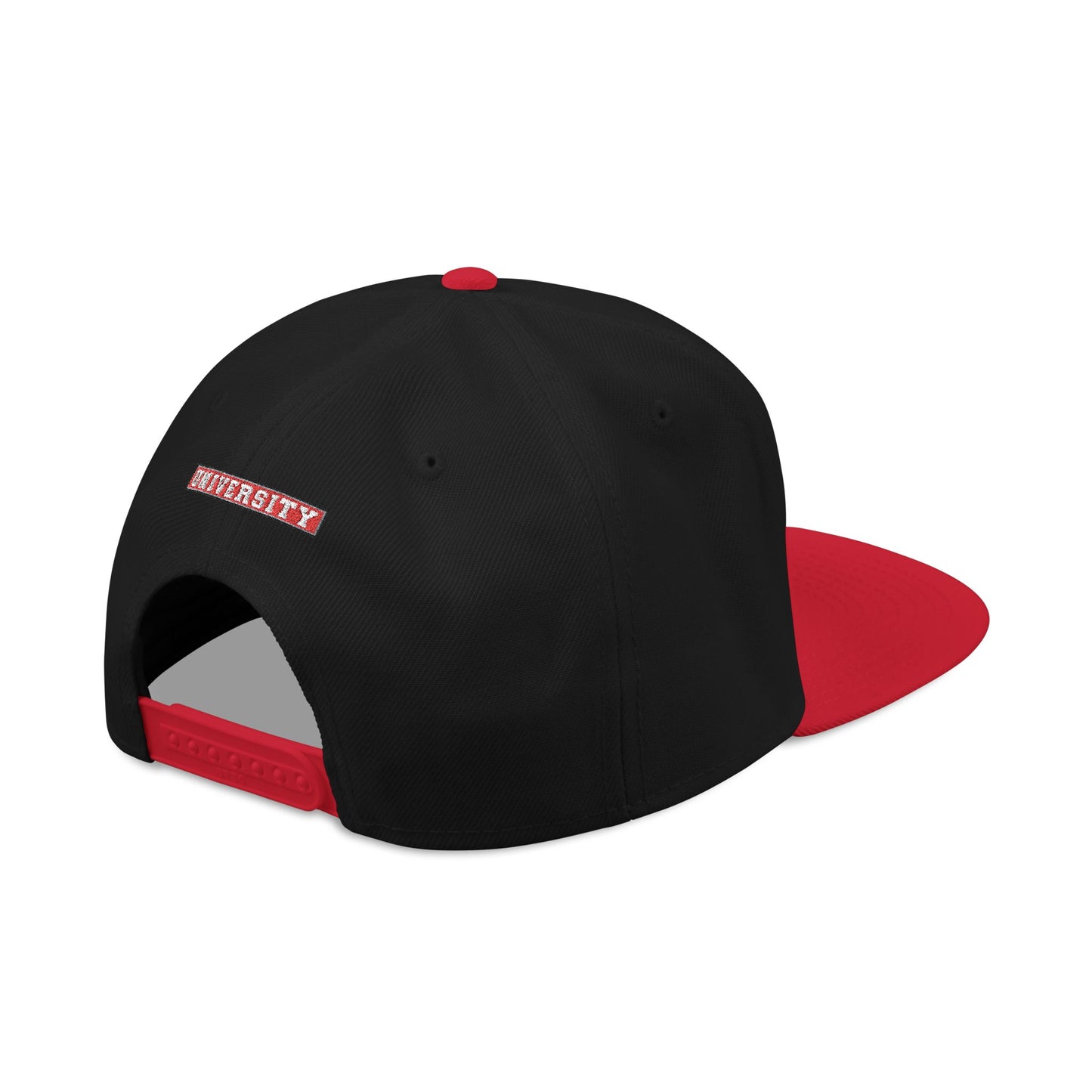 MONYUN university Embroidered Logo Snapback Hat — Black & Cyan Flat-Brim Cap