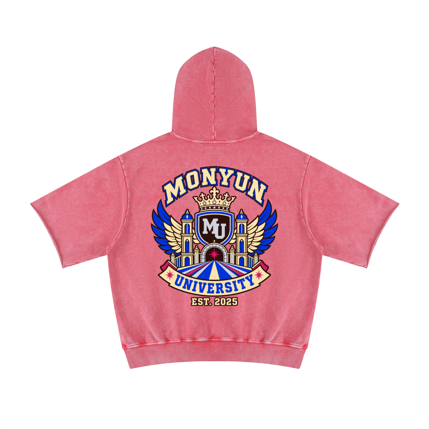 MONYUN university- Royal Transit Unisex Mineral Wash Short Sleeve Hoodie