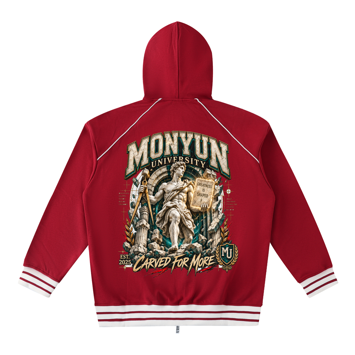 MONYUN University “Carved For More” Striped Trim Zip-Up Hoodie