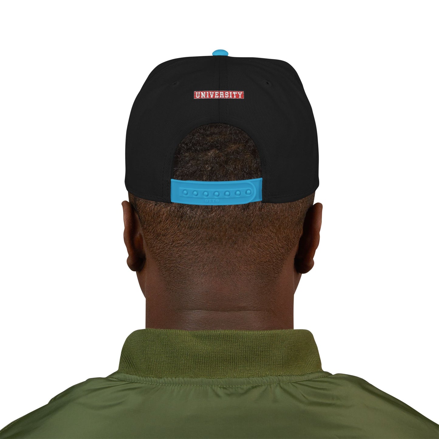 MONYUN university Embroidered Logo Snapback Hat — Black & Cyan Flat-Brim Cap
