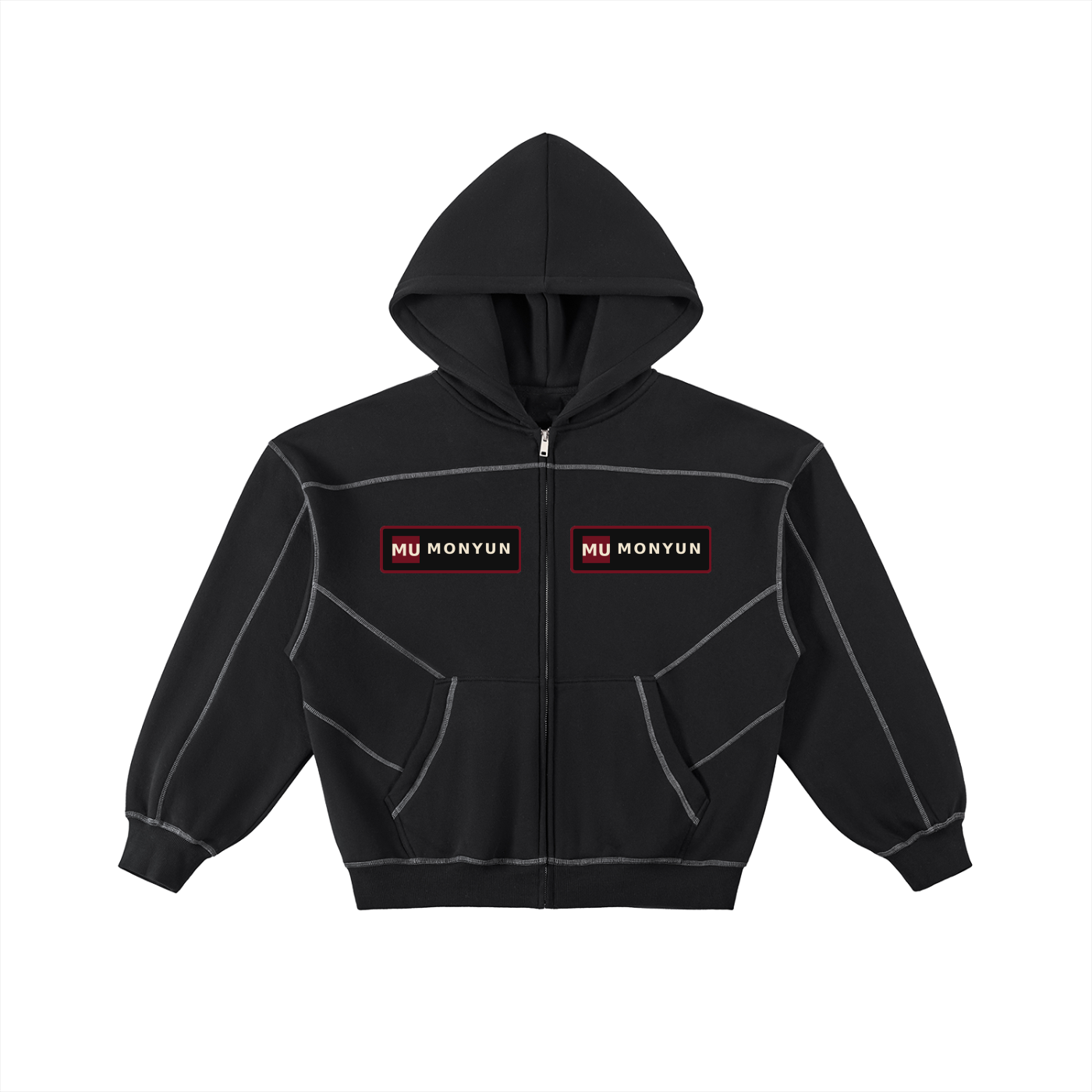 MONYUN university Contrast-Stitched Boxy Fleece Zip Hoodie