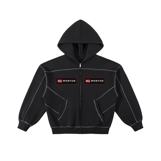 MONYUN university Contrast-Stitched Boxy Fleece Zip Hoodie