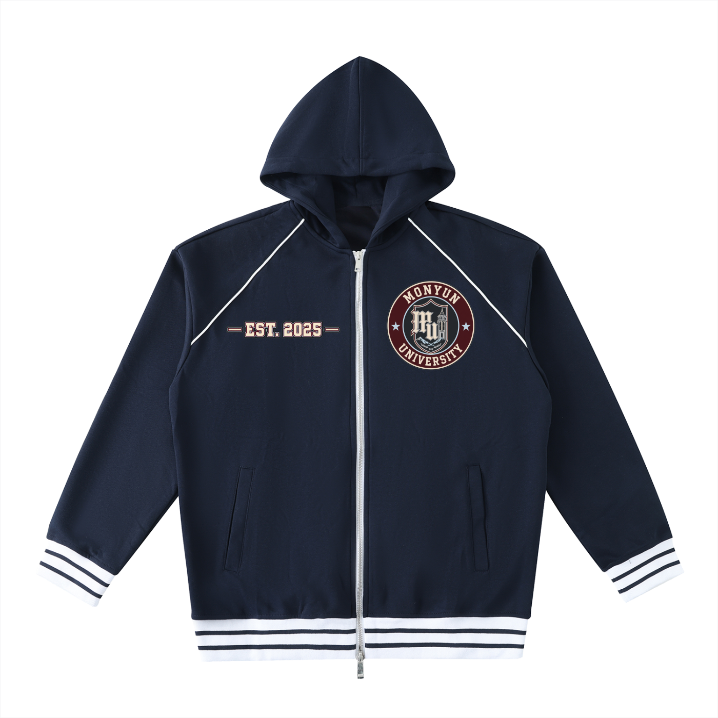 MONYUN university Striped Trim Zip-Up Hoodie