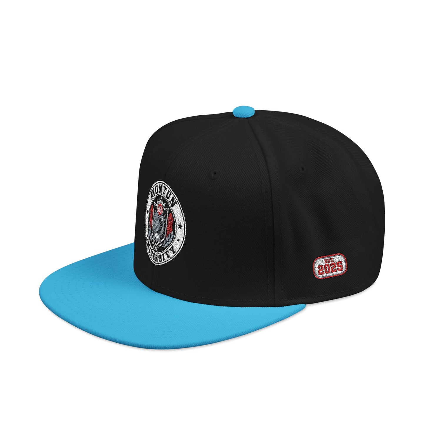 MONYUN university Embroidered Logo Snapback Hat — Black & Cyan Flat-Brim Cap