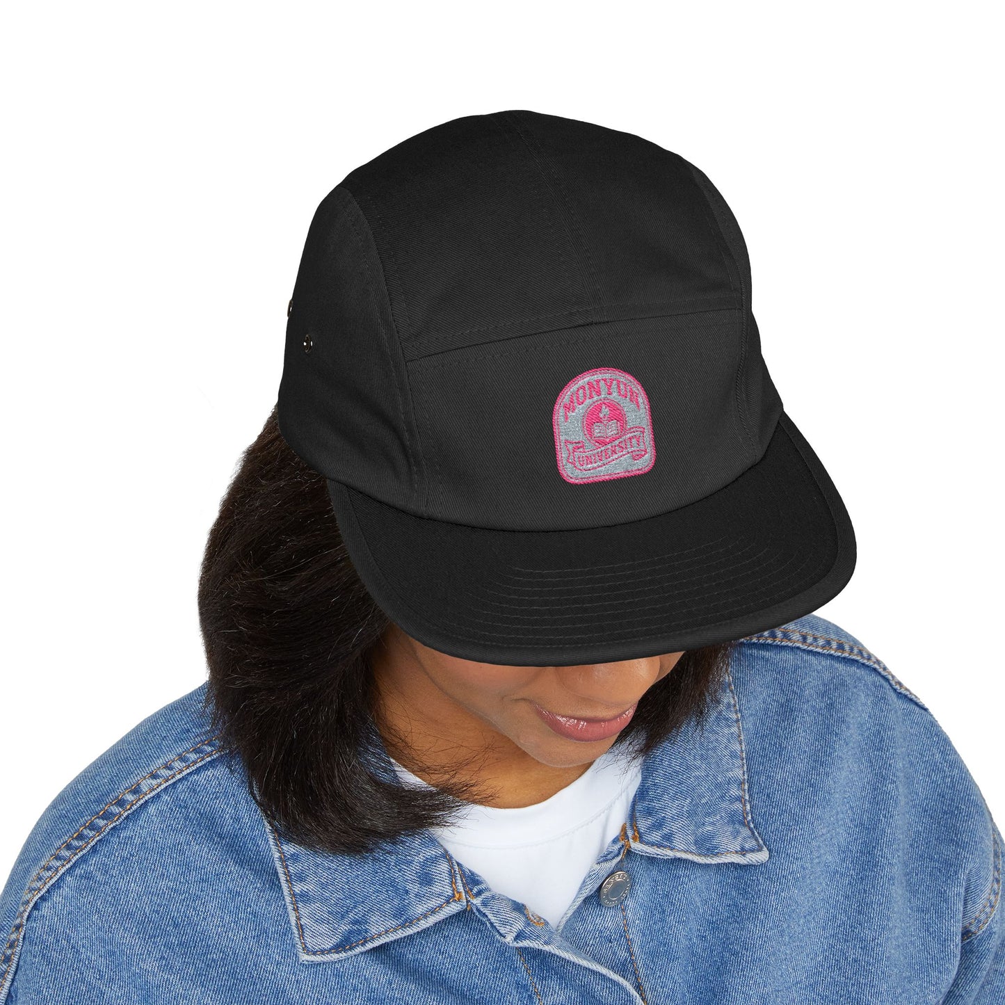 MONYUN University-5 Panel Cap, Embroidered Cap, Black Cap, Trendy Baseball Hat, Casual Hat, Graduation Gift, College Apparel