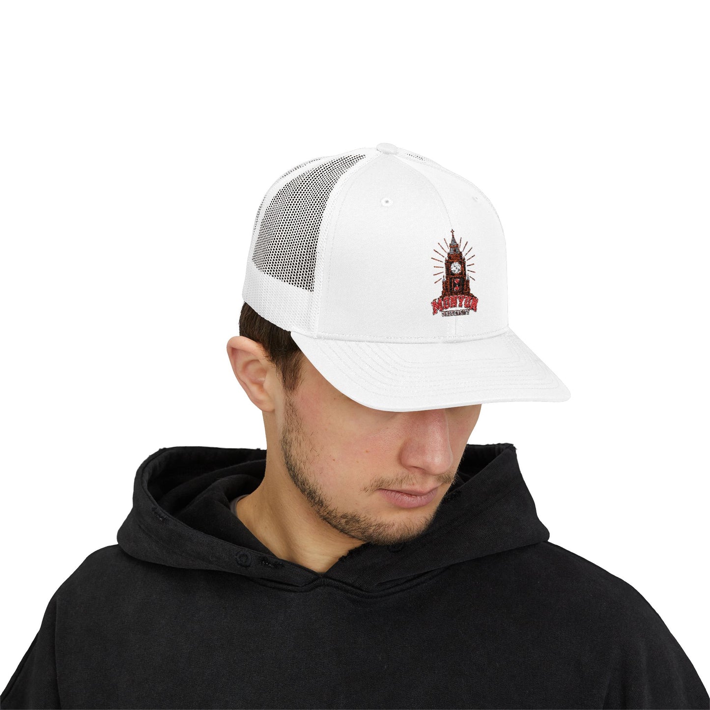 MONYUN university Trucker Cap — Vintage Clock Tower 'Midnight' Embroidered Snapback
