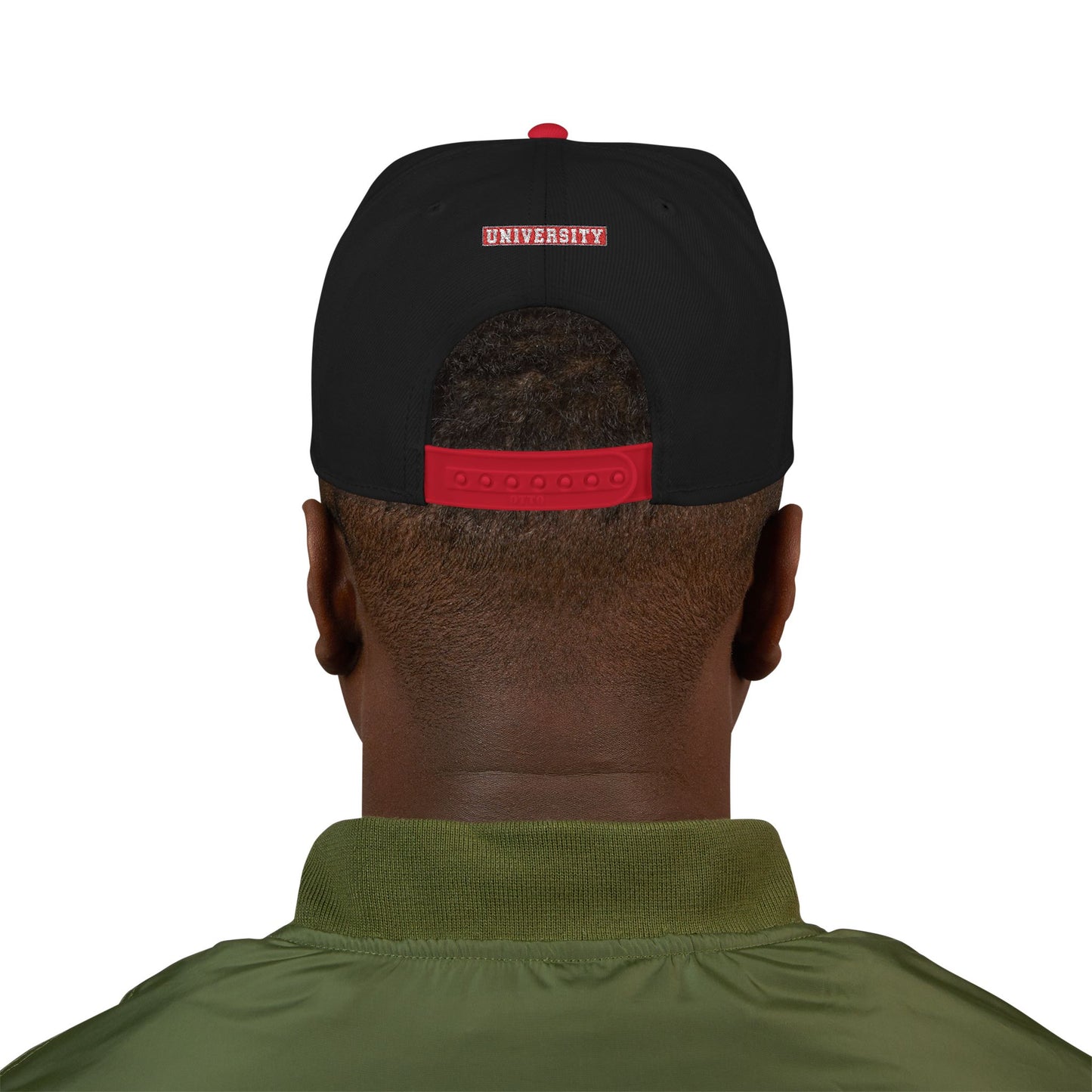 MONYUN university Embroidered Logo Snapback Hat — Black & Cyan Flat-Brim Cap