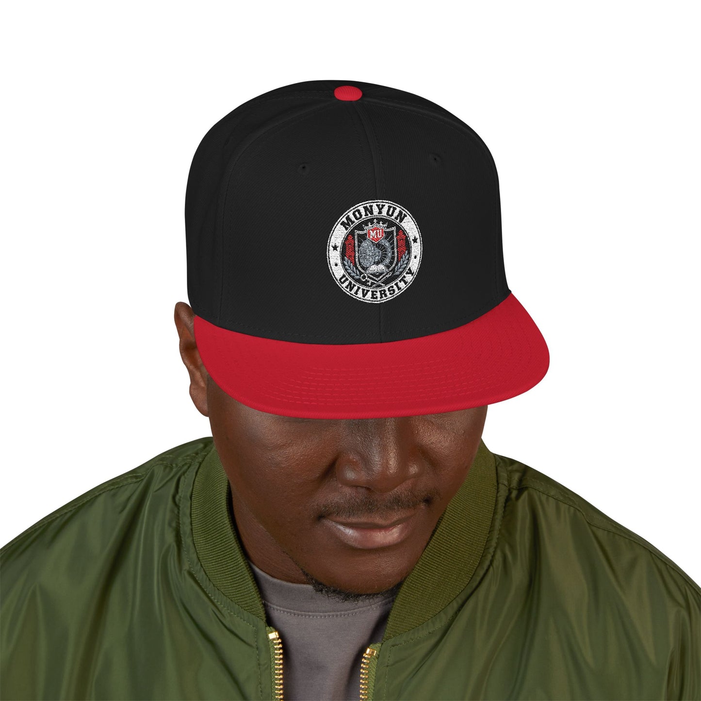 MONYUN university Embroidered Logo Snapback Hat — Black & Cyan Flat-Brim Cap