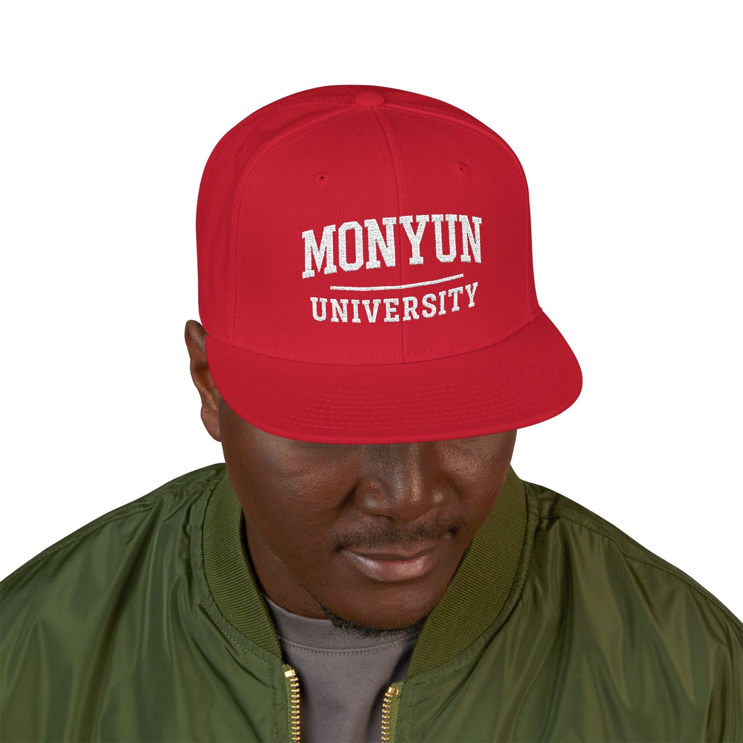 MONYUN university Embroidered Snapback Cap — Vintage University Lettering with Flame Back Logo