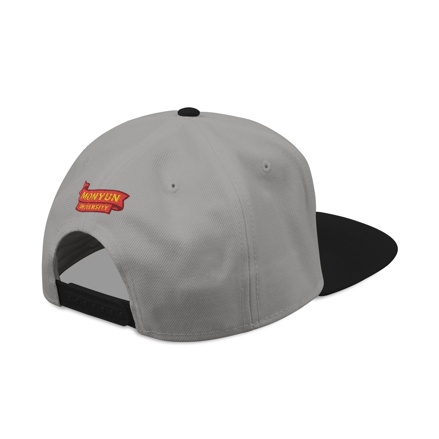 MONYUN university Embroidered Snapback Cap — Vintage University Lettering with Flame Back Logo