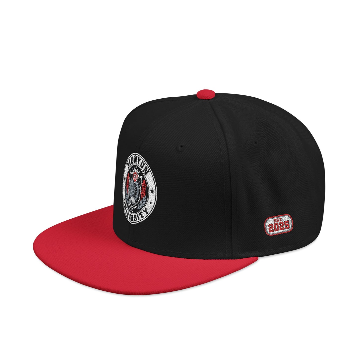MONYUN university Embroidered Logo Snapback Hat — Black & Cyan Flat-Brim Cap