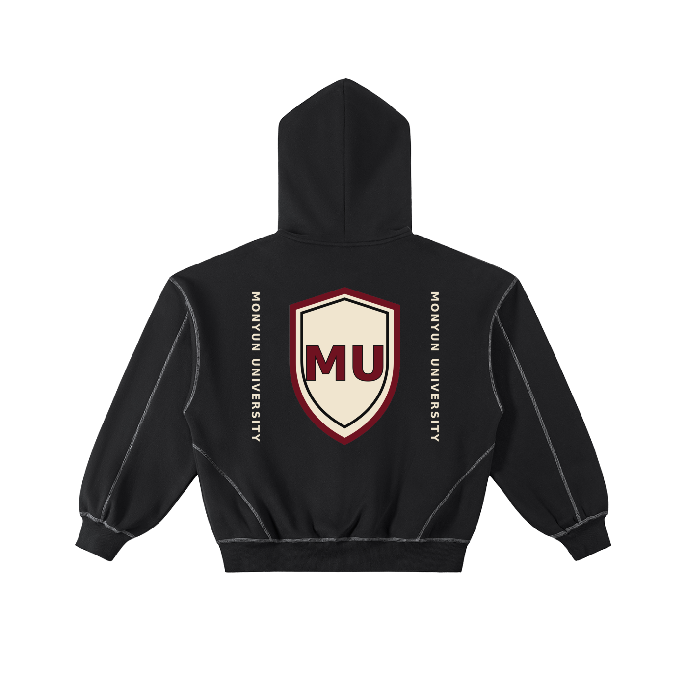 MONYUN university Contrast-Stitched Boxy Fleece Zip Hoodie