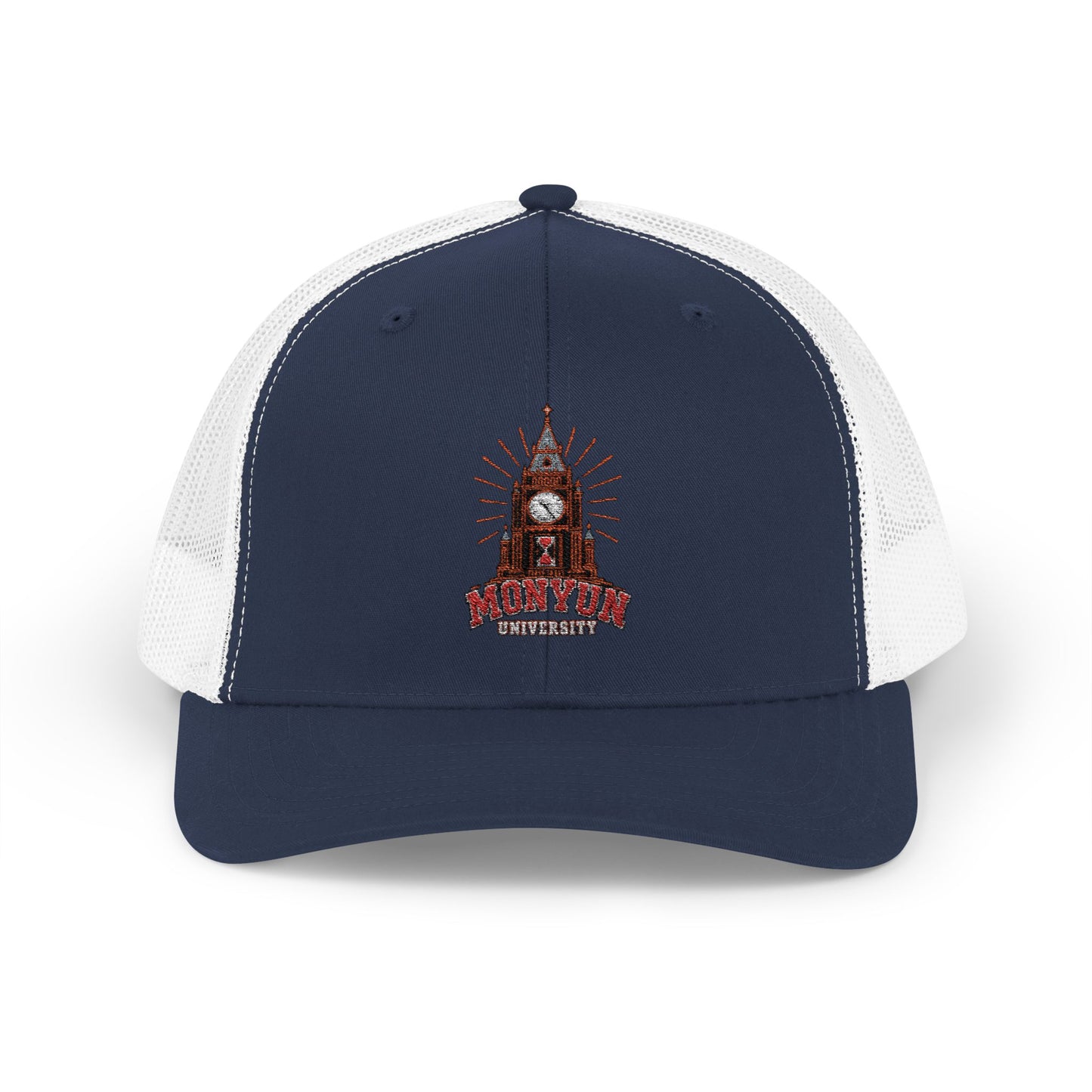 MONYUN university Trucker Cap — Vintage Clock Tower 'Midnight' Embroidered Snapback