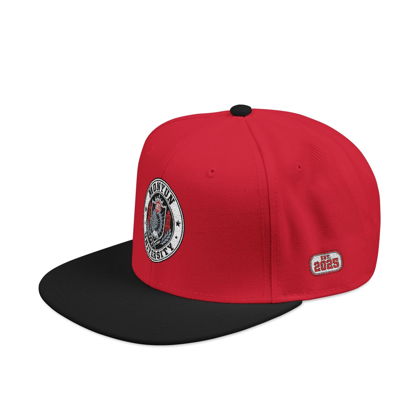 MONYUN university Embroidered Logo Snapback Hat — Black & Cyan Flat-Brim Cap