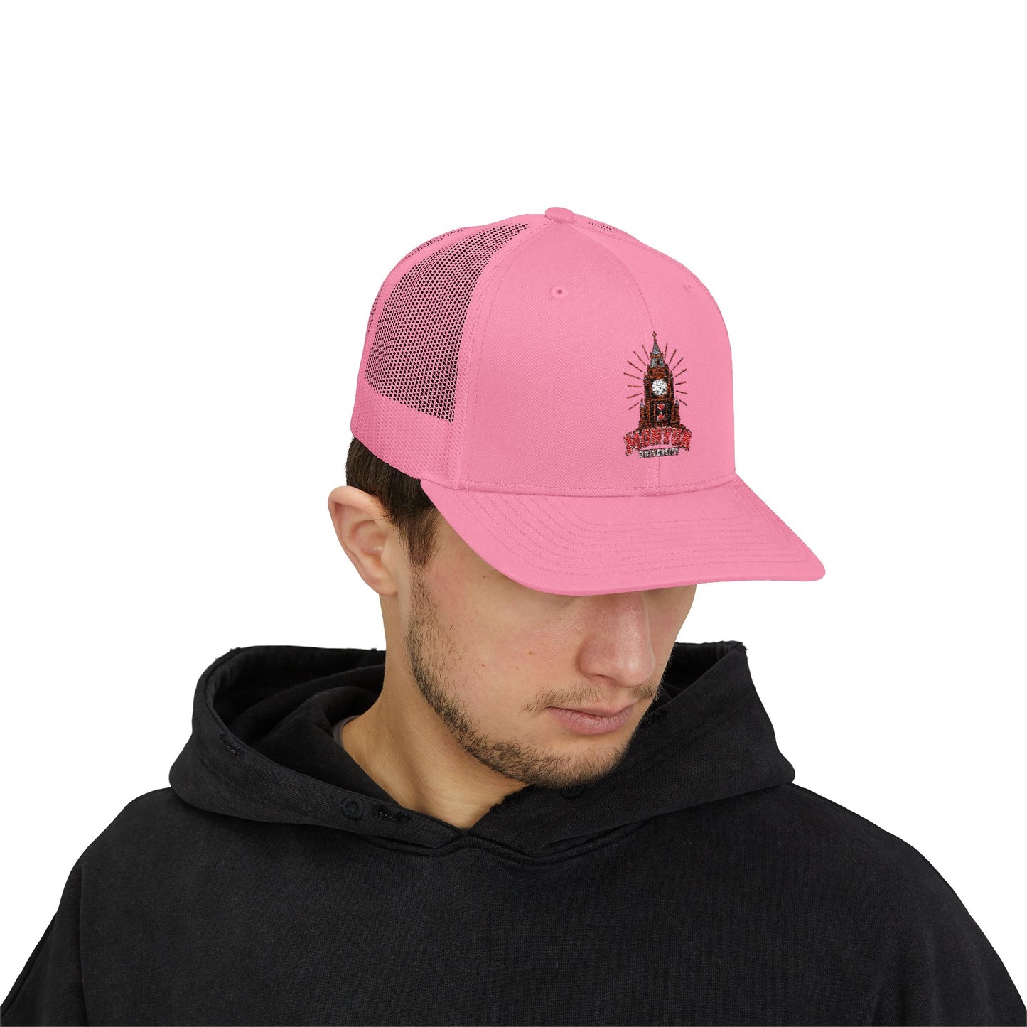 MONYUN university Trucker Cap — Vintage Clock Tower 'Midnight' Embroidered Snapback