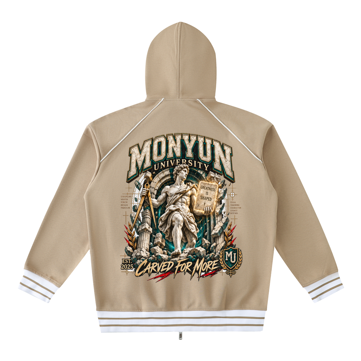 MONYUN University “Carved For More” Striped Trim Zip-Up Hoodie