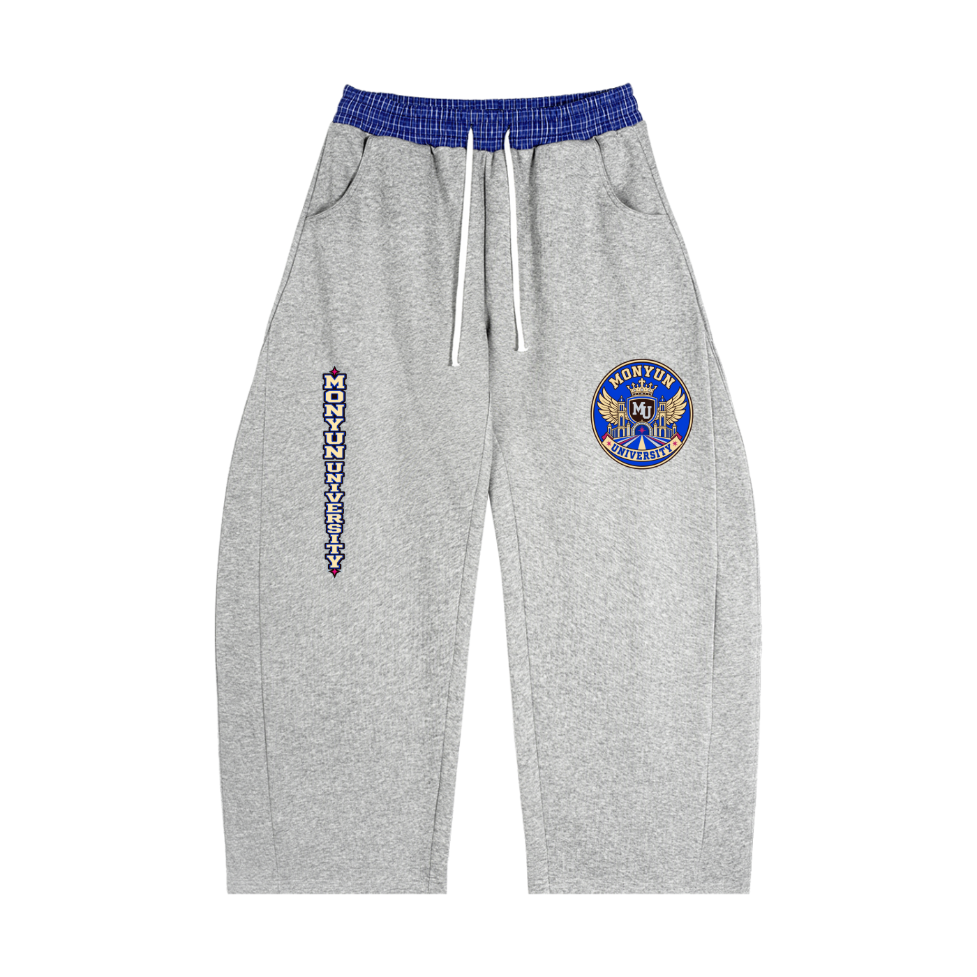 MONYUN university- Royal Transit Plaid Waistband Barrel Sweatpants